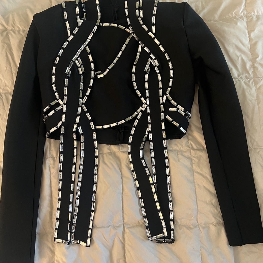 Embellished Black Cropped Jacket with Crystal Accents and matching top
